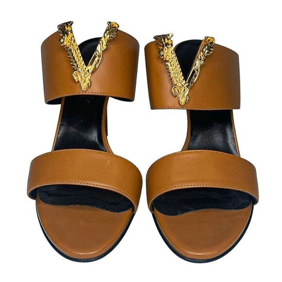 Versace Virtus Brown Leather Mules Heels Gold V Logo EU 39.5 Made in Italy - Picture 3 of 12